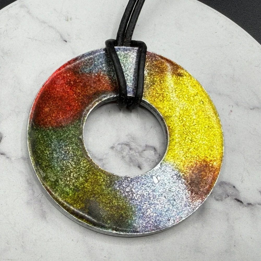 SA Signed Multicolor Glitter Donut Pendant Black Cord Necklace Modernist Art